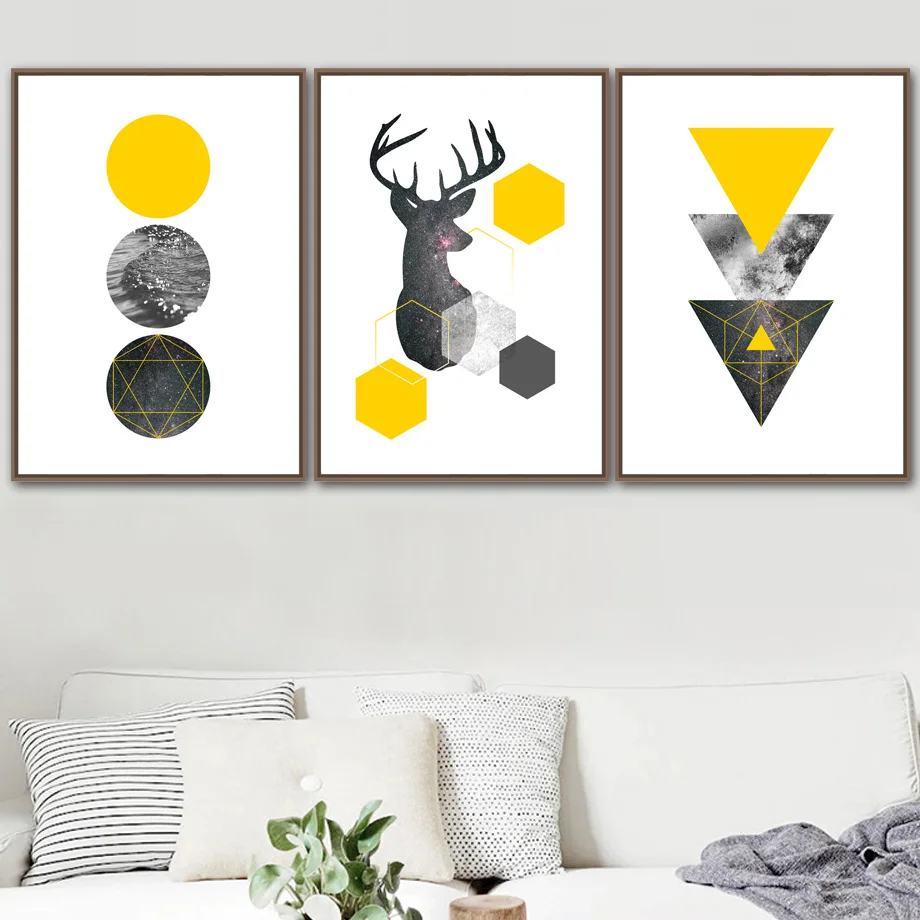Олень море Звездная Wall Art Холст Картины желтый геометрический Nordic Плакаты и