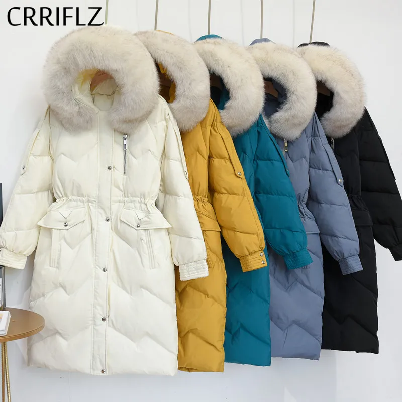 CRRIFLZ новинка куртка пуховик на 90% белом утином пуху длинное пальто с капюшоном и