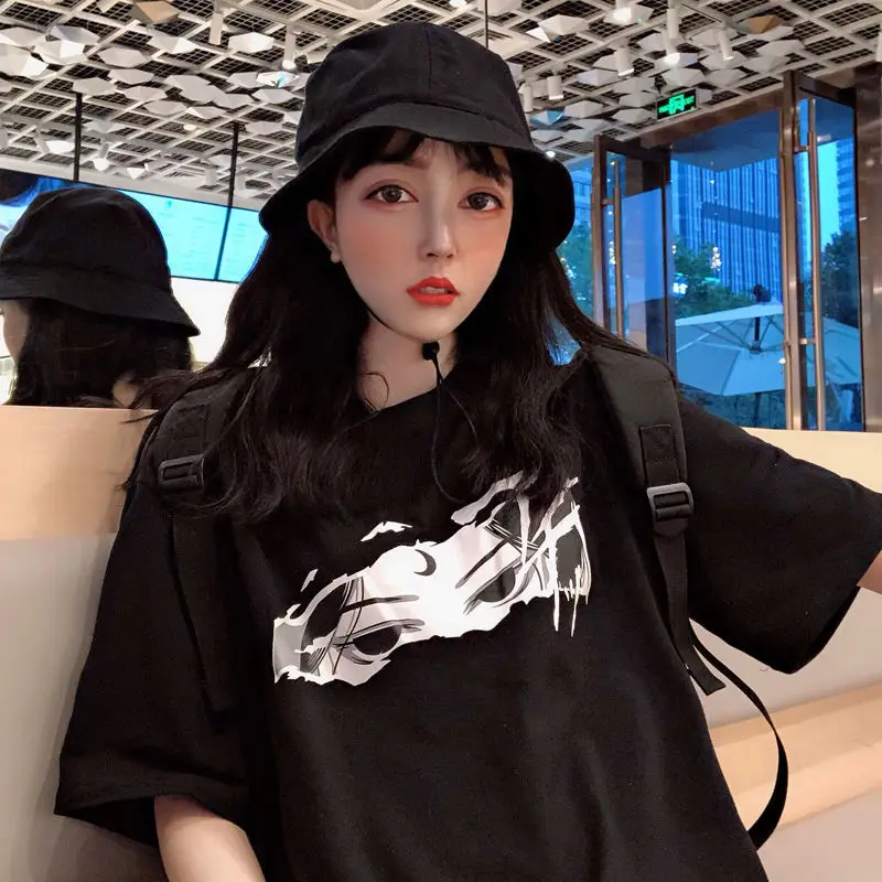 

NEW Punk Print Letters Interesting Cotton Loose Summer Female Tops Tees Size Female Dropshipping Harajuku Gothic T-shirt