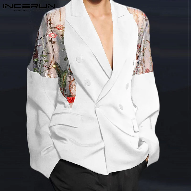 

Fashion Men Blazer Mesh Patchwork Embroidery Long Sleeve Double Breasted Casual Suits Men Streetwear Party Jackets 2022 INCERUN