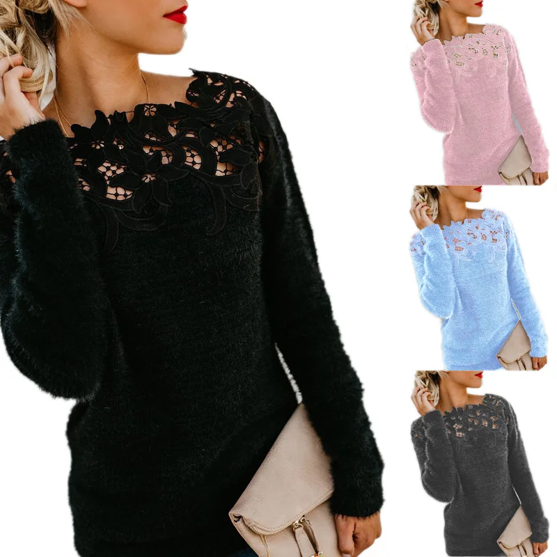 

Женские пуловеры с круглым вырезом, кружевные свитера с длинным рукавом, женский джемпер на осень, модный базовый топ, мягкая трикотажная од...