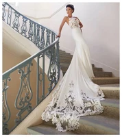 vensanac sweetheart mermaid wedding dress spaghetti straps lace appliques backless court train bridal gown