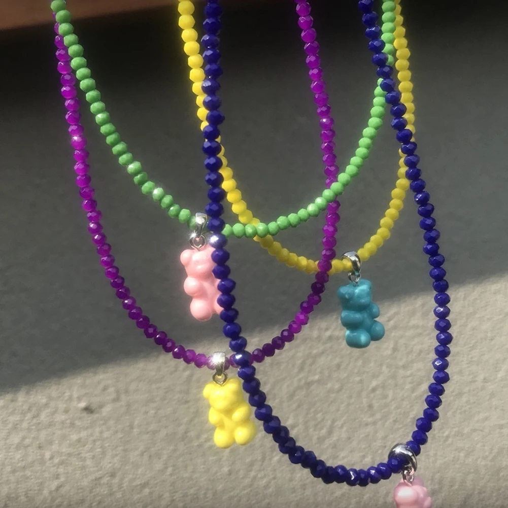 

Summer Korean Cute Candy Color Bear Beaded Necklace for Women Girl Simple Rainbow Glass Seed Beads Choker Necklaces Y2K Jewelry