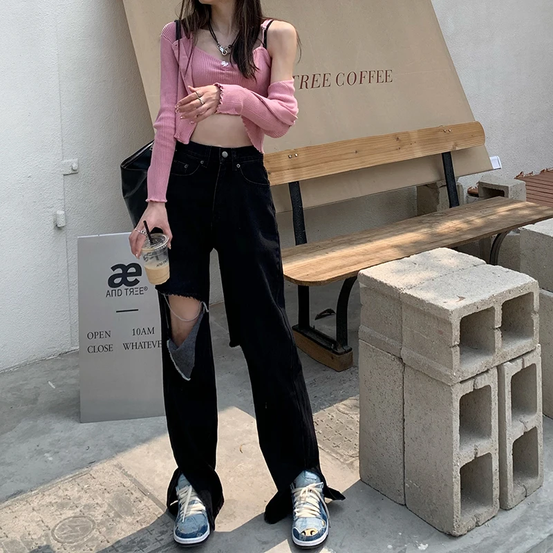 

YTX707 Korean version of 2021 new high-waisted slim design sense of hole mopping beggar trousers wide-leg jeans