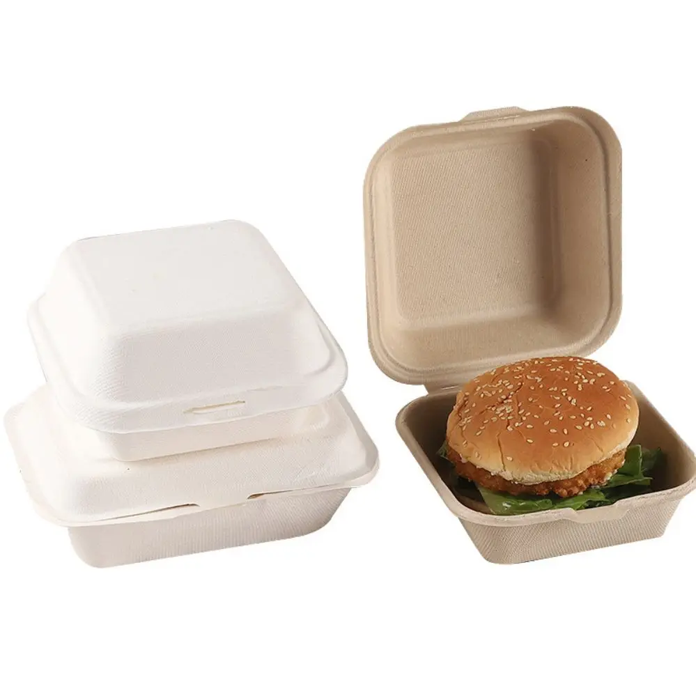 

Disposable Lunch Cake Burger Dessert Containers Heavy-Duty Quality Natural Bagasse Take Out Food 100% Compostable Clamshell