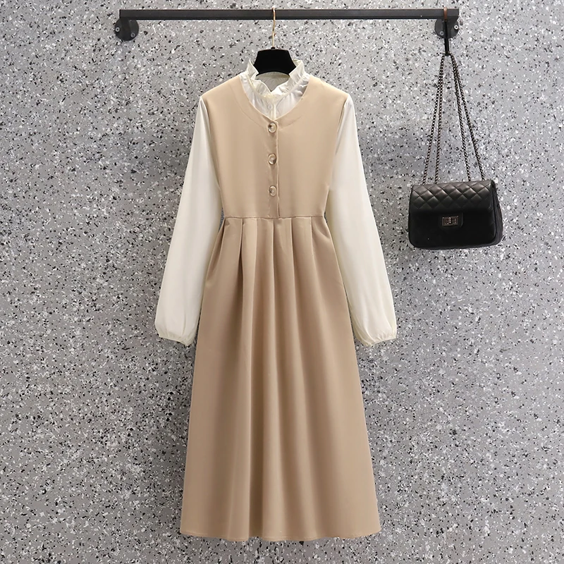 

Осенние новые женские платья EHQAXIN, Элегантное повседневное строченное контрастное женское платье на пуговицах
