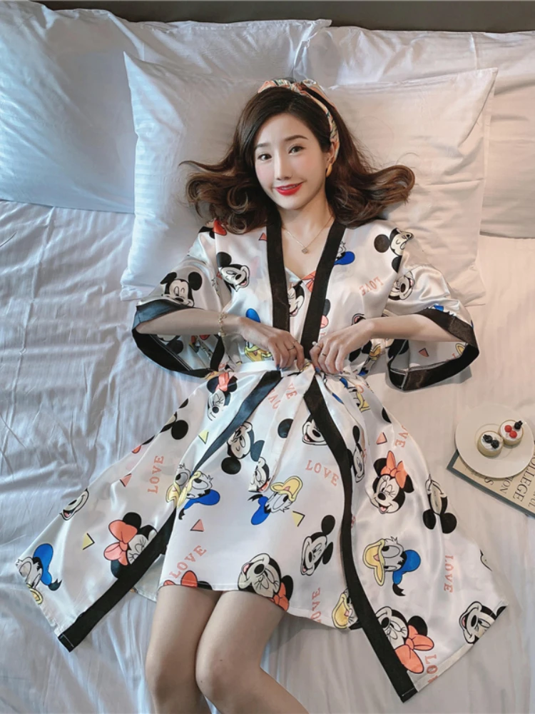 Disney Mickey Pajama Set Women Silk Sleepwear Pyjamas Pour Femme Autumn Nightwear with Slip Dress Casual Home Wear Robe Gown PJS