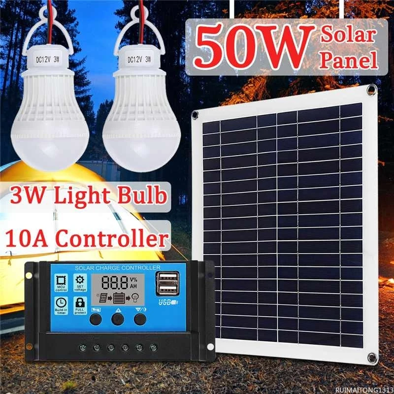 Harga 50W Panel Surya 18V + 10A Pengontrol USB + 2 Buah 3W 12V Lampu Led Baterai Pengisi Daya Surya Untuk Berkemah Mobil Perahu Kit Sistem Surya