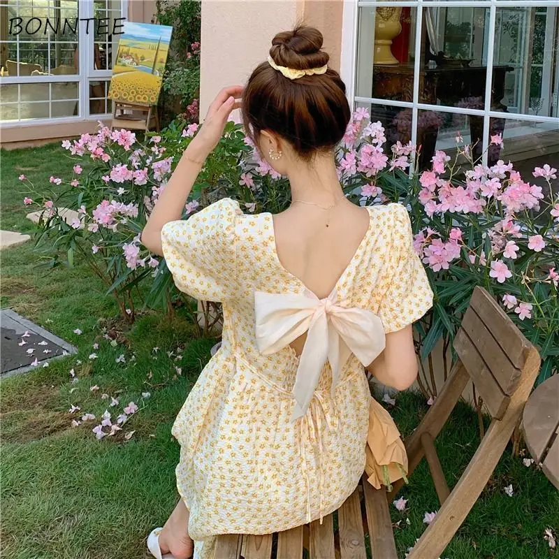 

Dresses Women Bow Floral Puff Sleeve A-line French Thin Cool College Ladies Trendy Daily Vintage Breathable Temperament Clothing