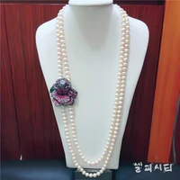 hand knotted natural 2rows 8 9mm white freshwater pearl rose micro inlay zircon accessories necklace fashion jewelry