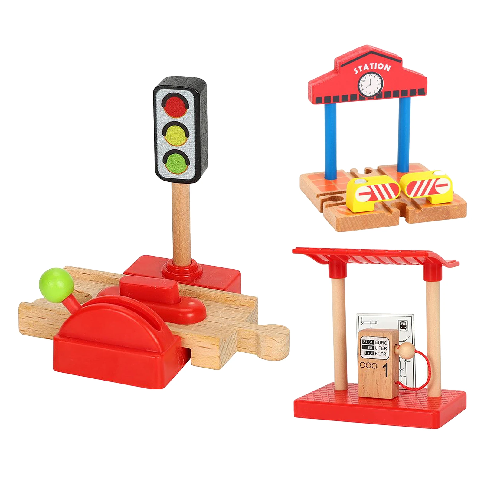 

Wooden Train Set for Toddler Station Platform, Crossroad Raised Bridge and Gas