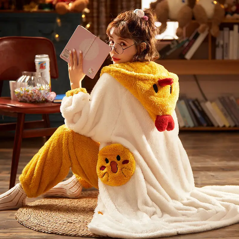 Women's Nightgown Winter Hooded Pajamas Lengthen Thicken Sleepwear Sweet and Lovely Loose Can Be Worn Outside Home Service Suit