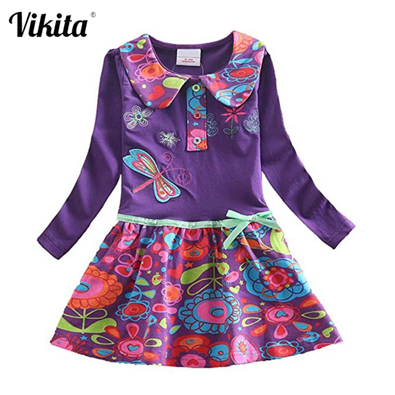 VIKITA Girls Flower Dresses Children Cotton Dress Long Sleeve Autumn Winter Cartoon Kids For Roupa Infantil Menina | Детская одежда и
