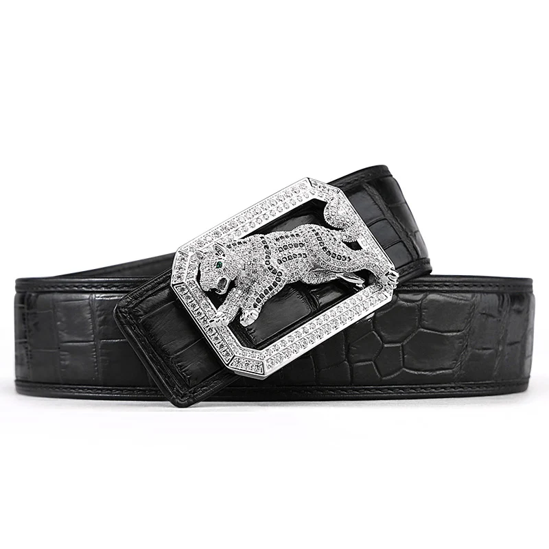 dog black McParko Crocodile Belt Mens Leather Belts With Buckle Luxury Animal Design Genuine Leather Waist Belt with rhinestones Buckle - Цвет: dog black