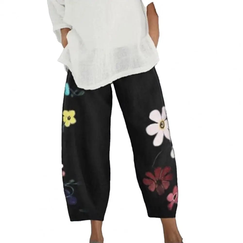 

Hot Sale!!Flower Print Loose Wide Leg Pocket Ninth-Length Harem Pants Sweatpants Streetwear for Daily Life