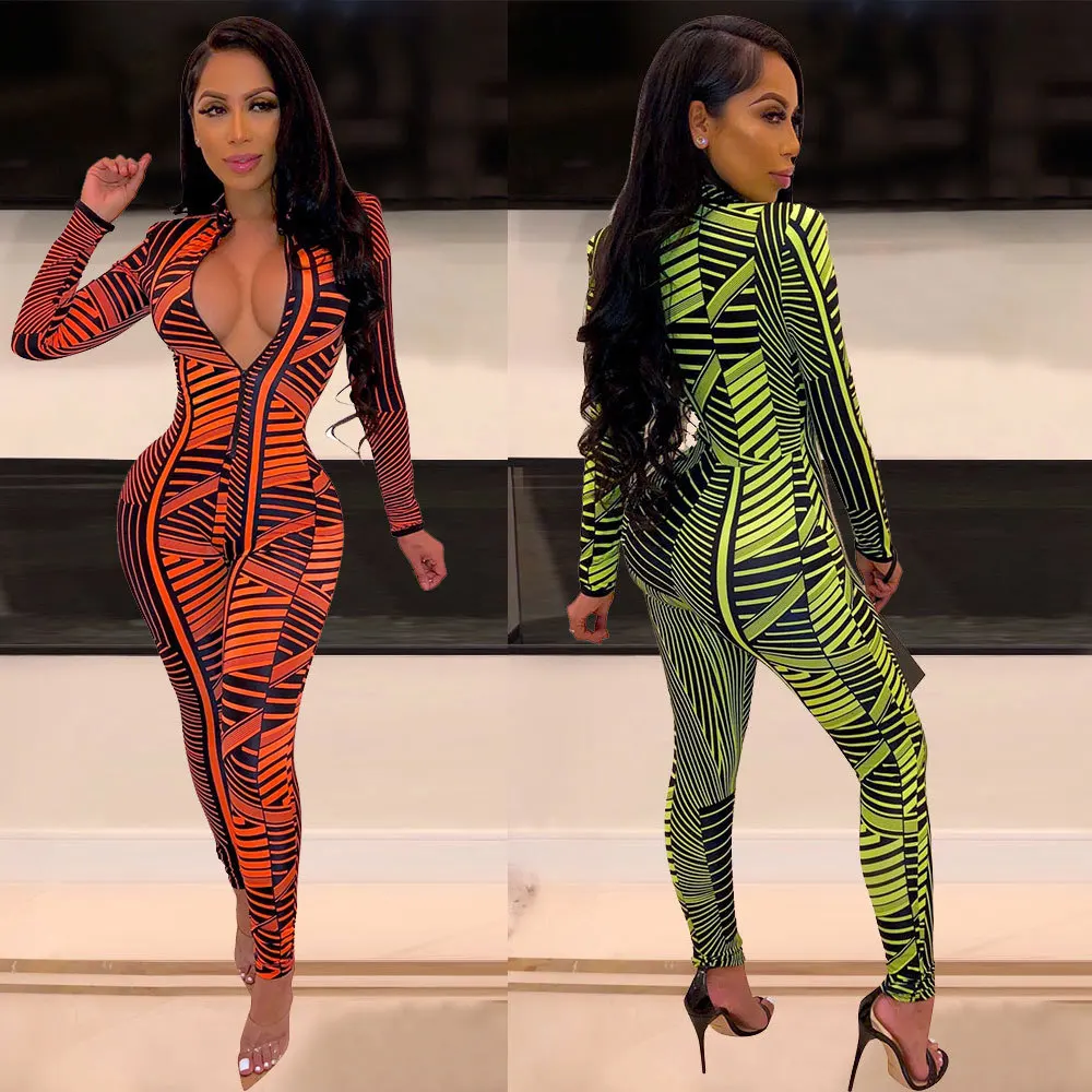 

Autumn Winter Long Sleeve Geometric Print Sexy V Neck Bodycon Jumpsuits Women Casual Zipper Decor Package Hip Romper Streetwear