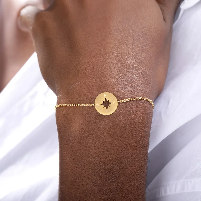 V Attract Vintage Compass Charm Bracelet Gold Silver Stainless Steel Chain Simple Geometric Round Pulseira Women Men Jewelry|charm bracelet|bracelet