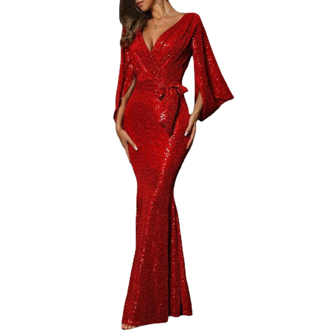 

2021 New Sexy Solid Sequins Strapless Swing Long Temperament Party Dresses Women Evening Donsignet