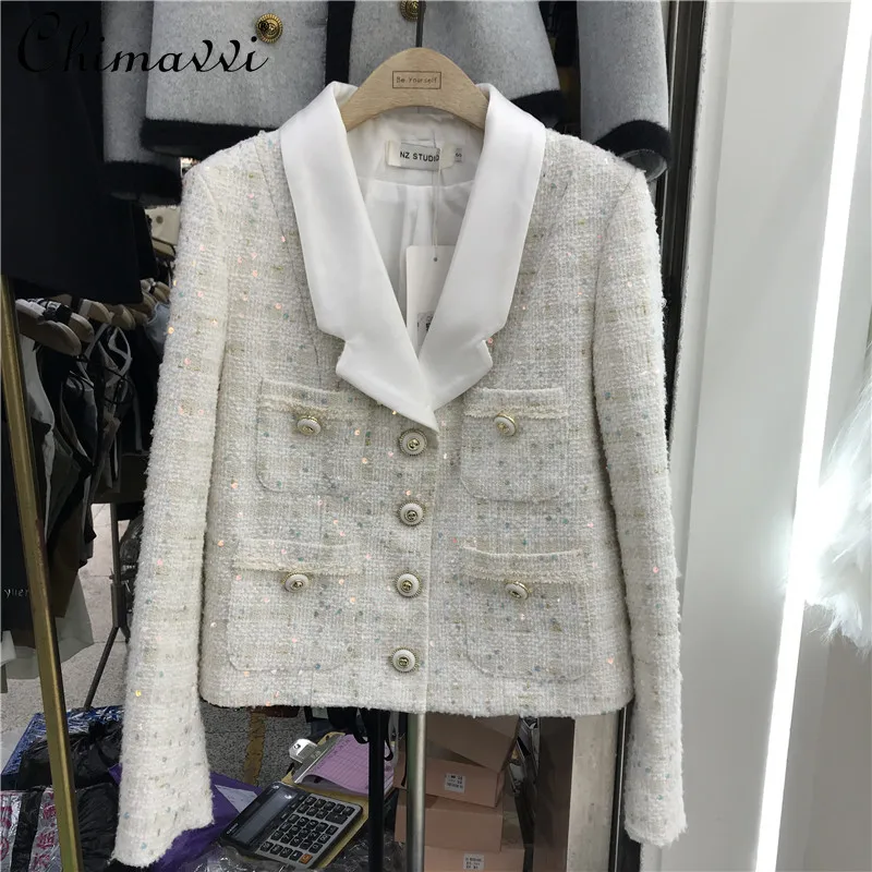 

New Female Fashion Embroidery Sequins Turn-down Collar Tweed Coat Women 2021 Autumn and Winter Fashion Elegant Solid Wool&blends