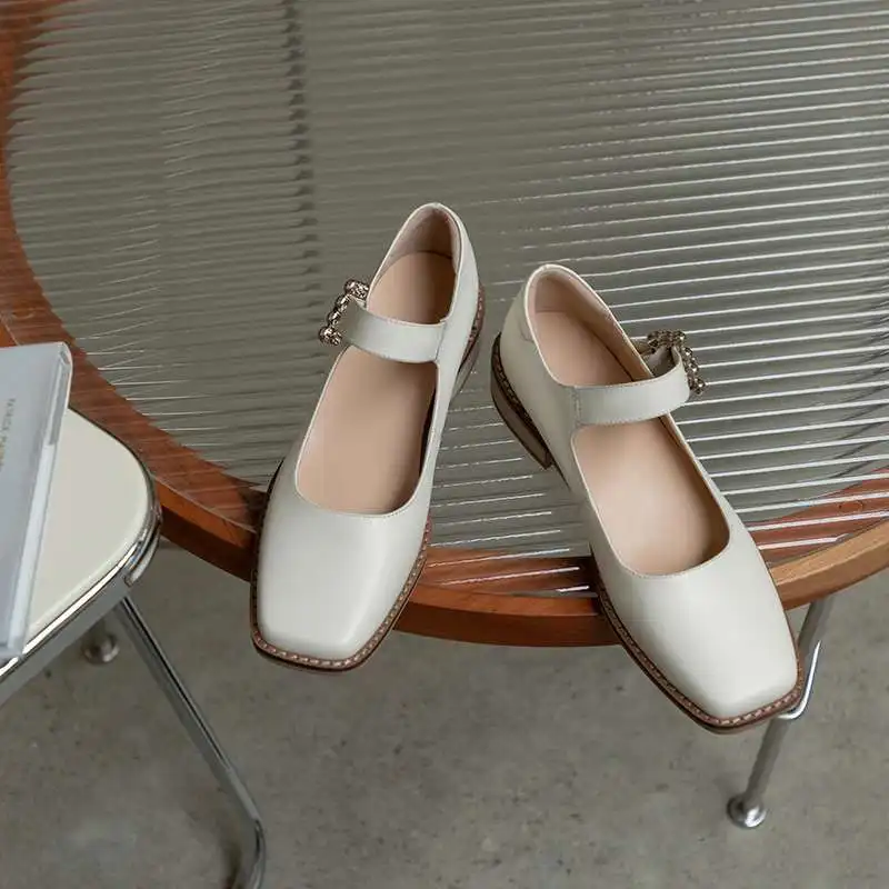 

Lanxuryee new genuine leather square toe med heel preppy style retro fashion beauty lady streetwear buckle strap women pumps L18