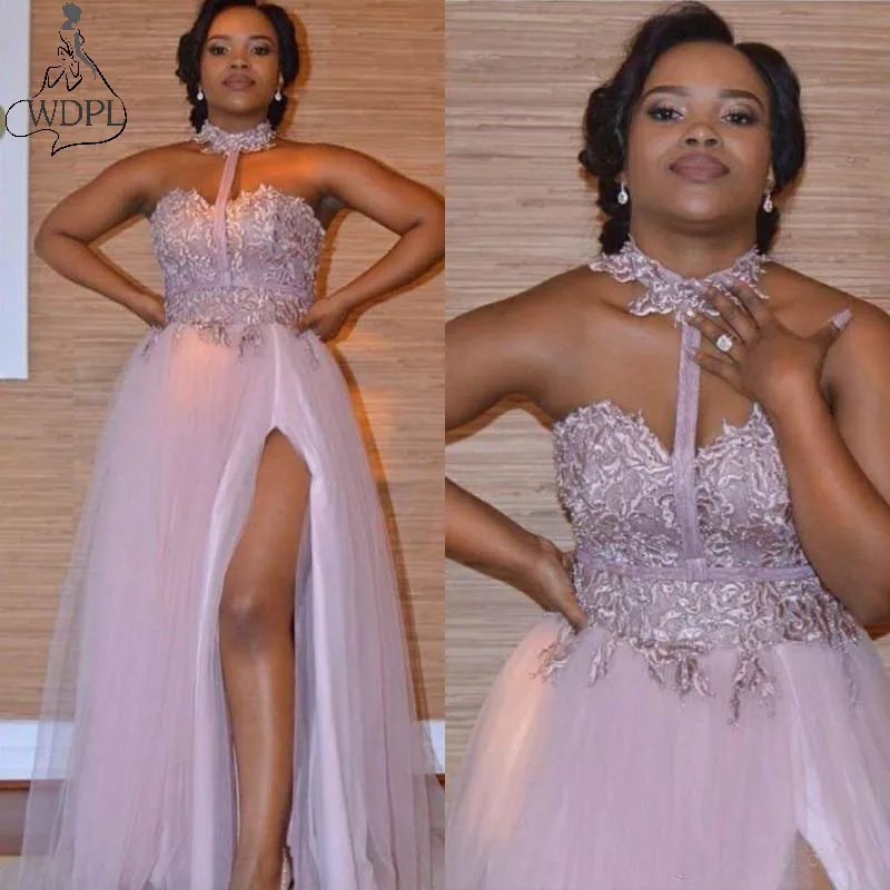 

Dusty Pink Halter Prom Dresses Sweetheart Lace Appliques Side Split Evening Gowns African Vestidos Cheap Maid of Honor Dress