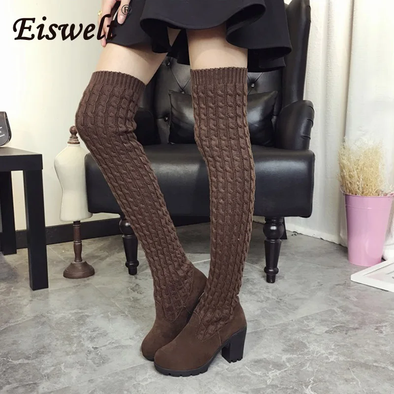 EISWELT/осенне-зимние эластичные облегающие теплые высокие вязаные сапоги до бедра