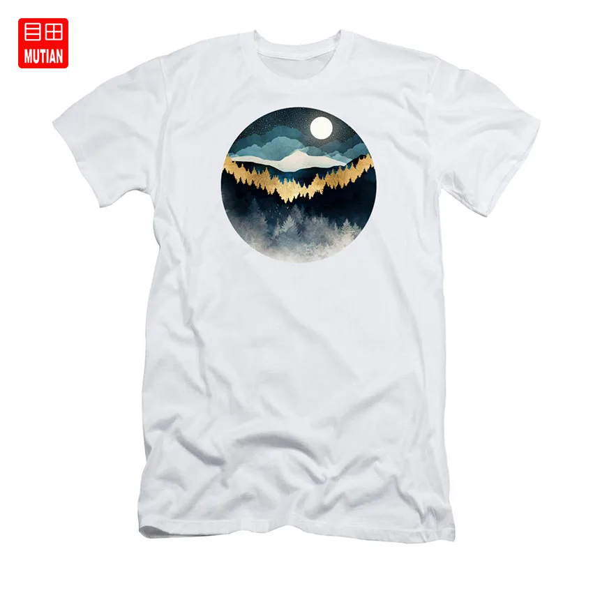 Индиго Ночная футболка ЛЕС ДЕРЕВЬЯ природа пейзаж горы золотые синие птицы луна|