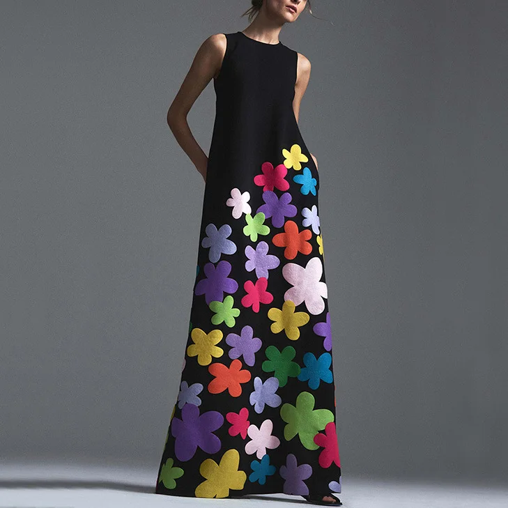 Женское длинное платье с цветочным принтом Пляжное Платье о-вырезом без рукавов |
