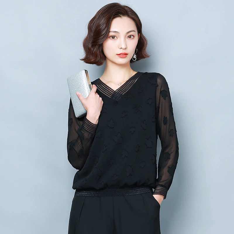 

COIGARSAM 3XL Plus Size Fashion Full Sleeve blouse women Spring Chiffon Loose blusas womens tops and blouses Black 6368