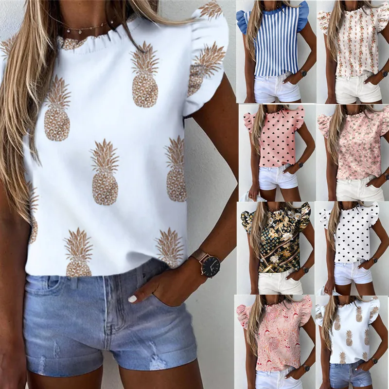 

Lady Daisy Pineapple Print Ruffle Blouse Shirts Office Lady 2021 Summer Short Sleeve Slim Blouses Women Sexy Tops T-skirts