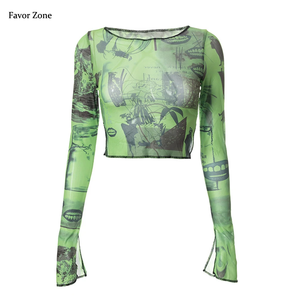 

Green Flare Long Sleeve Skinny Women's T-shirts Autumn Vintage Abstract Print Side Split Sexy Mesh See Through Harajuku Crop Top