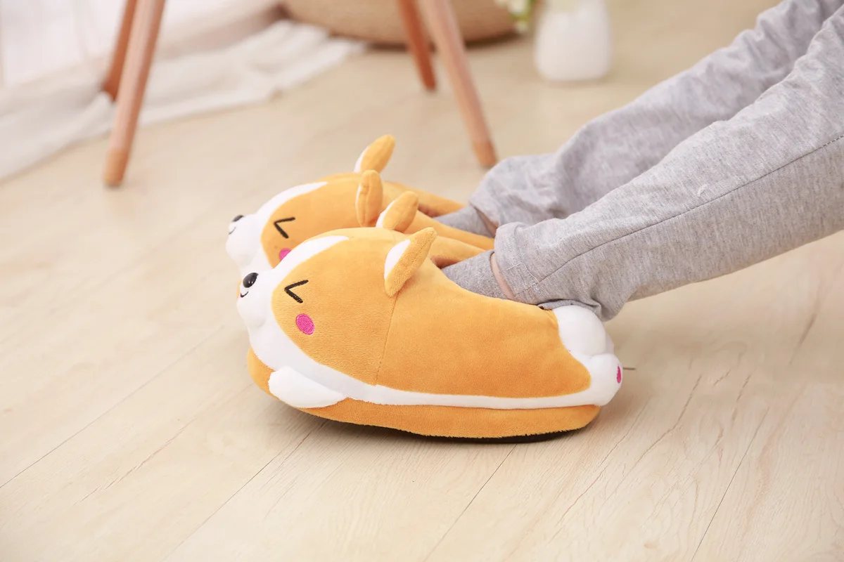 Lovely Corgi Shoes Heeled Cartoon Animals Dog Slippers Plush Indoor Floor Shoes Anti-slip Girls Ladies Friend Gift