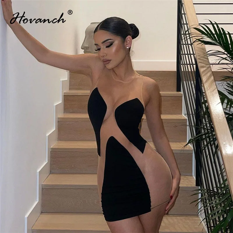 

Hovanch Crew Neck Cleavage Mesh Perspective Stitching Sexy Tight Mini Skirt 2021 Winter Fashion Party Club Dress