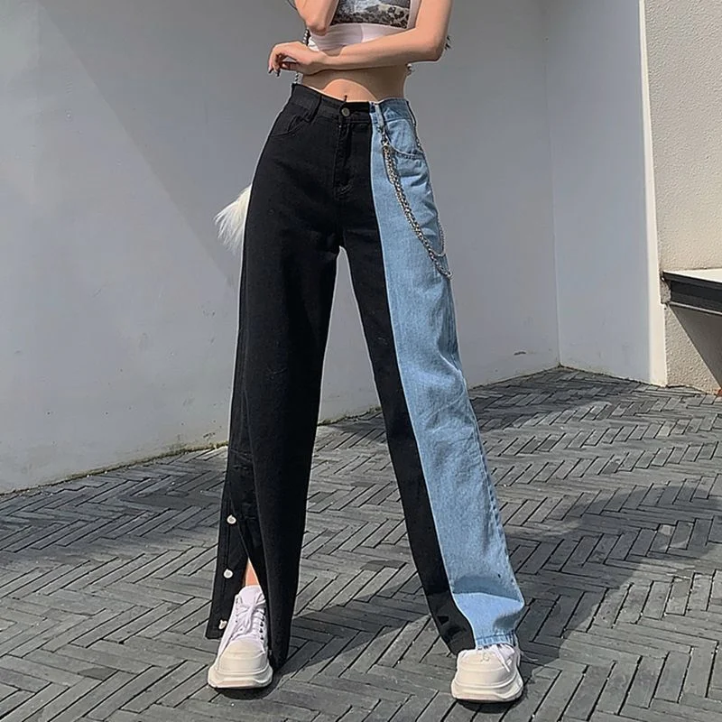 

Woman Denim Long Pants Autumn Cowboy Female Loose Streetwear High Waist Women Trousers Split Clothes Wide Leg Jean jeans