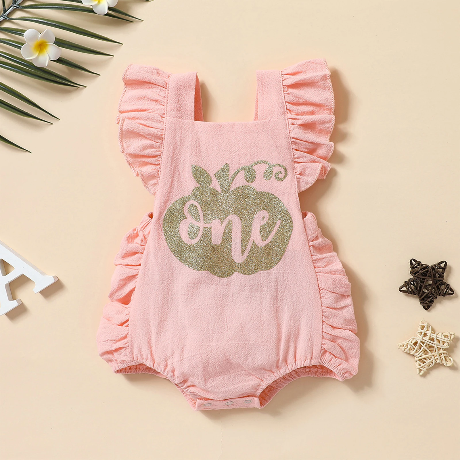 

Baby Pumpkin Sequins Romper Sleeveless Square Collar Backless Short Jumpsuit with Ruffles Cotton Baby Clothes 3-24Months