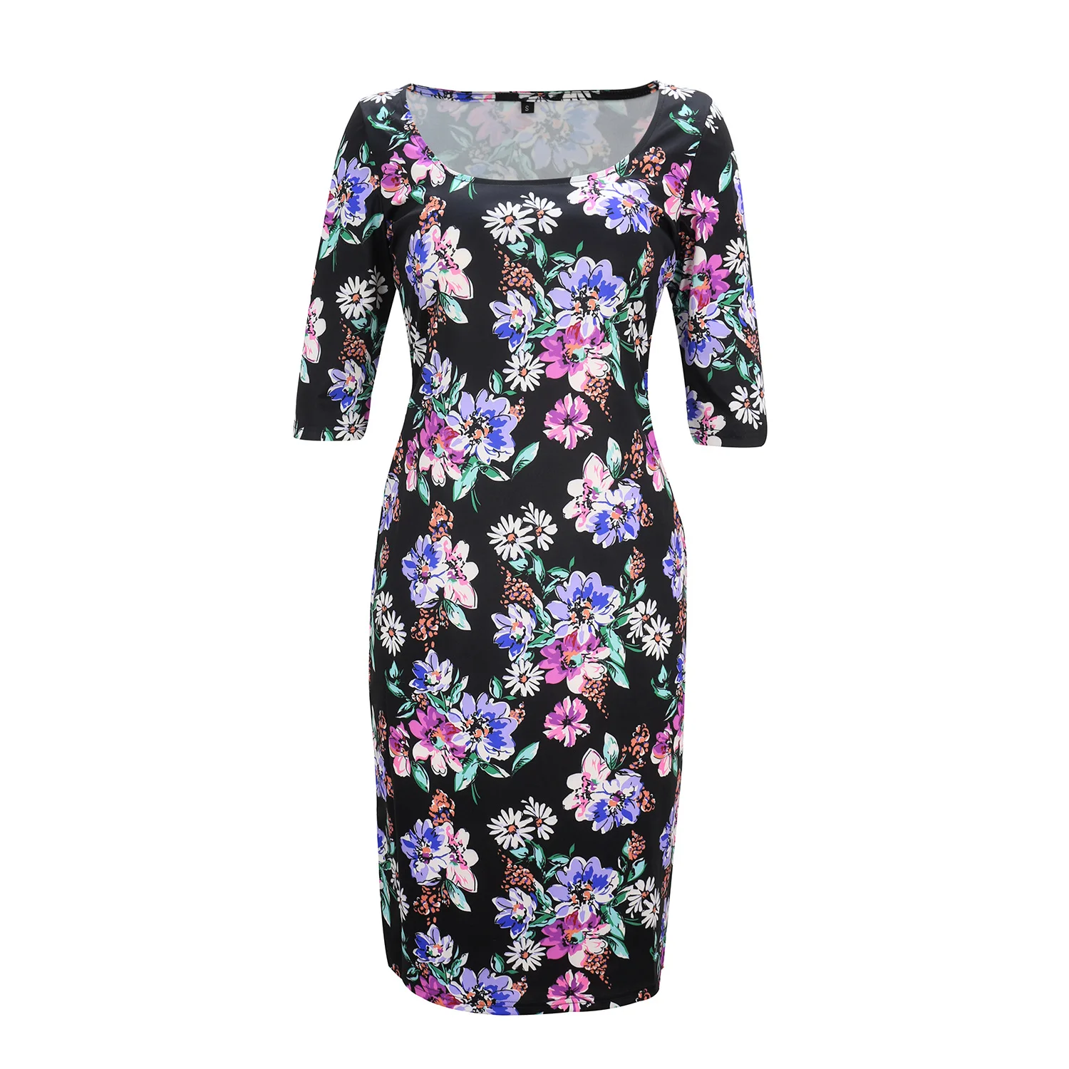 

Spring Autumn Square Neck Half Sleeve Elegant Woman Clothes Retro Floral Print Tunic Slim Fit Pencil Dress Fashion Knee-length