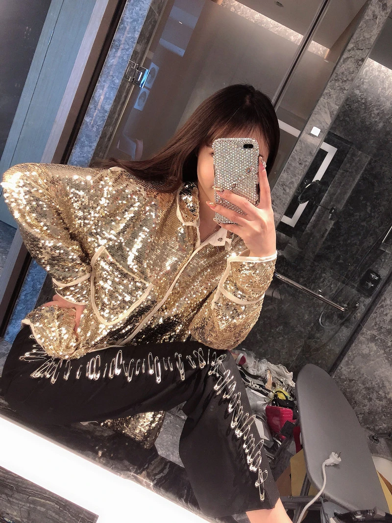 Осень 2018 Женская шикарная расшитая блестками куртка пальто с длинным рукавом