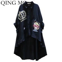 spring summer black white women irregular blouse 2022 new crown blouse with beading female cartoon blouse with sequin zqy5073