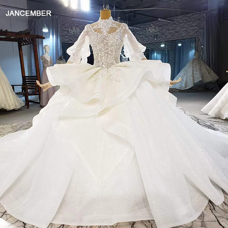 

HTL2059 Luxurious Half Puff Sleeve Crystal Beading Sequined Wedding Dress 2021 For Woman Ball Gowns Lace Up Back