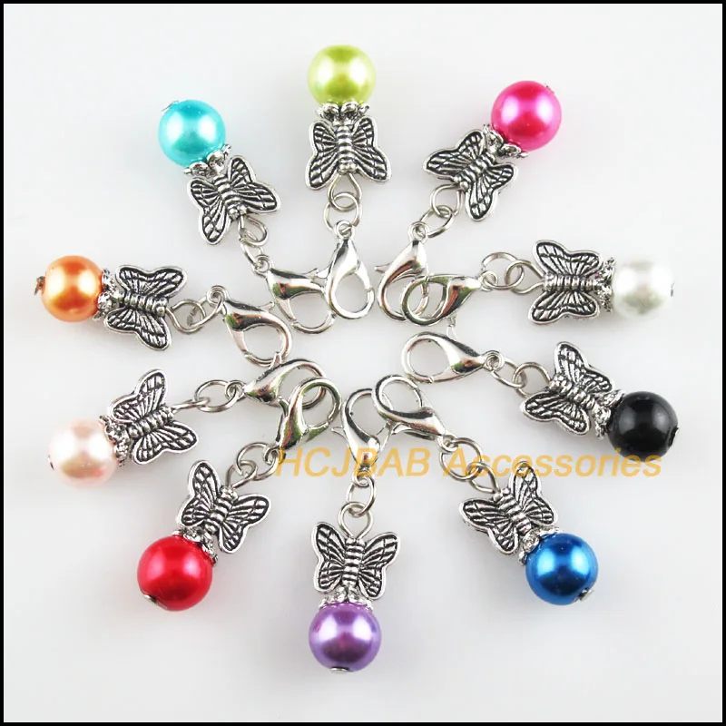 

10 New Butterfly 10x20mm Charms Mixed Ball Glass Tibetan Silver Plated Retro With Lobster Claw Clasps