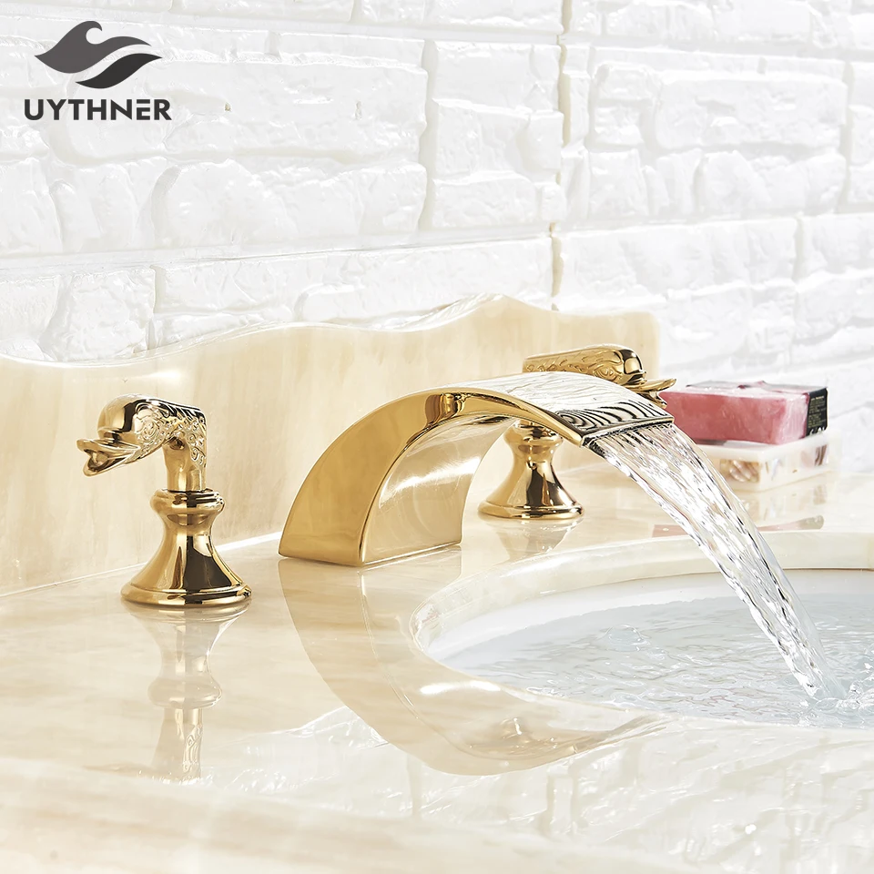 Золотой смеситель для ванной комнаты кран раковины с двойной ручкой горячей и