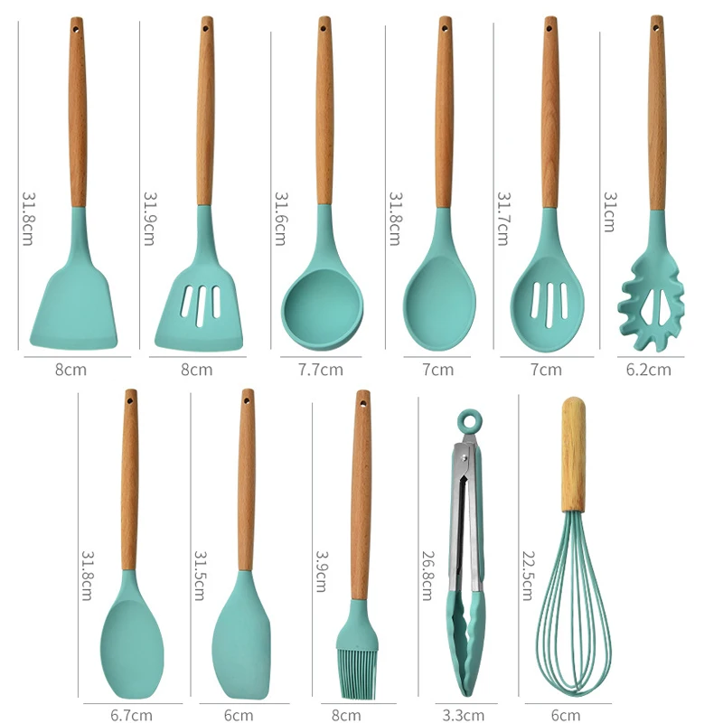 

11PCS Pink Silicone Cooking Utensils Set Non-stick Spatula Shovel Wooden Handle Cooking Tools Set With Storage Box Kitchen Tools