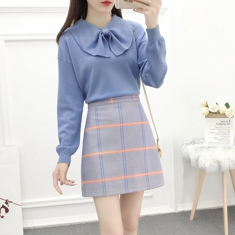 

Зимние модные костюмы с бантом, милый толстый свитер для колледжа, юбка в сетку, комплект из двух предметов, женская трикотажная одежда, комп...