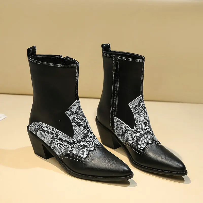

2021 New Snakeskin PU Leather Square High Heel Concise Women Shoes Autumn Winter Pointed Toe Zipper Ankle Boots Big Size34-43