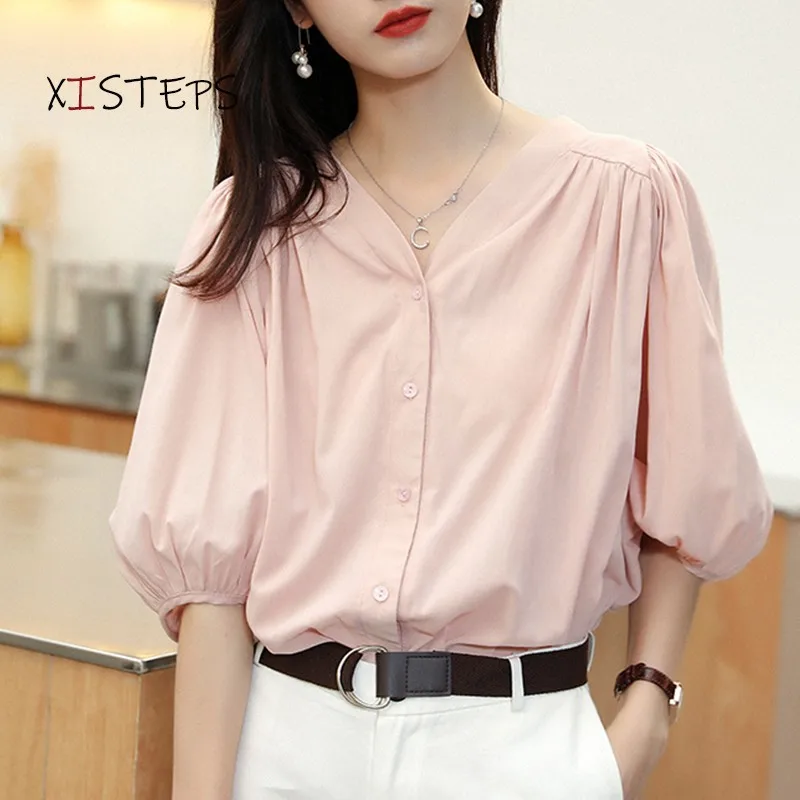 Summer V-neck Chiffon Blouses For Women 2021 Fashion Puff Sleeve V-neck Shirts Pink Blue White Tops Streetwear Clothes Plus Size