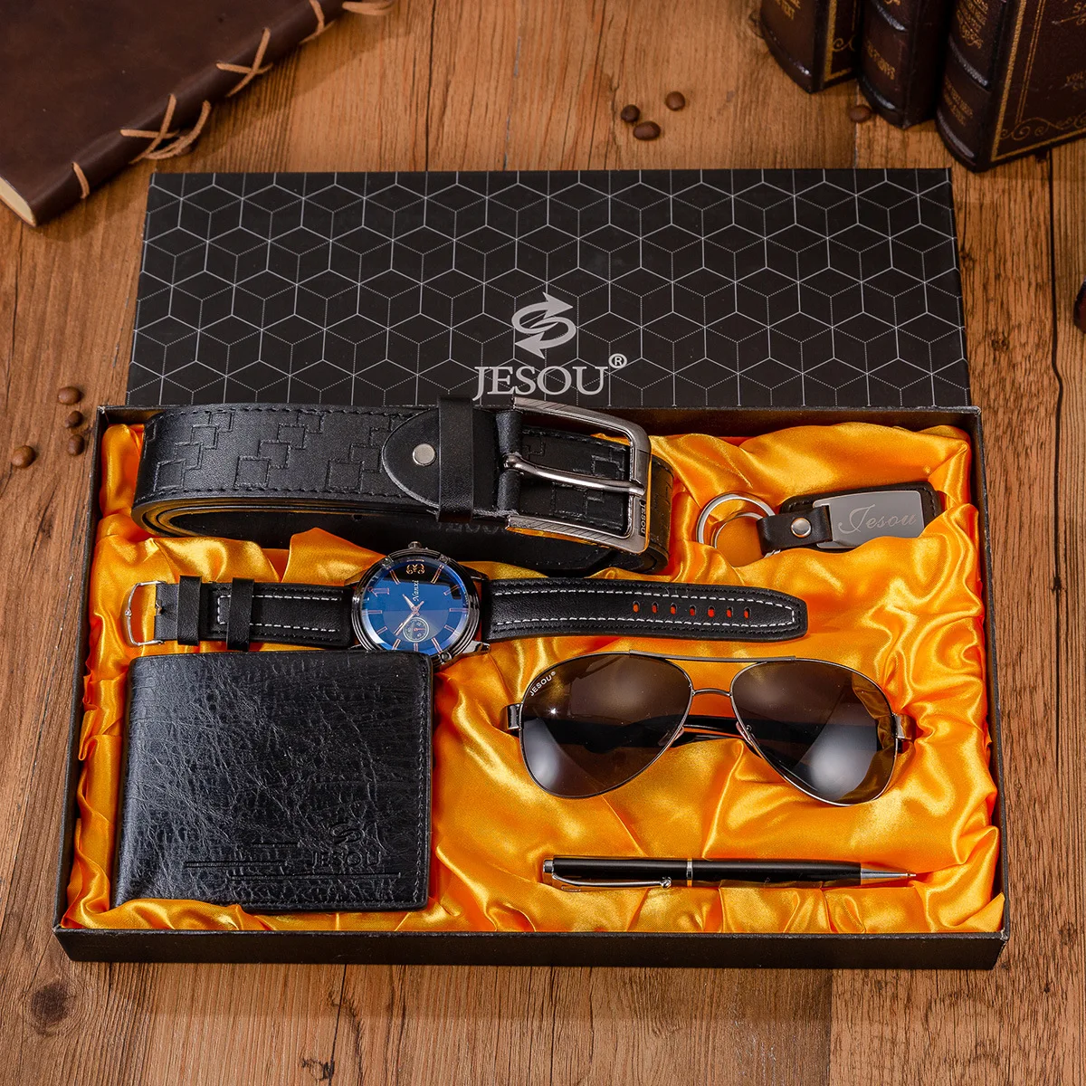 

6pcs/set Boutique Gift Set Glasses+belt+wallet+key Chain+large Dial Quartz Watch+pen Men's Watch Set