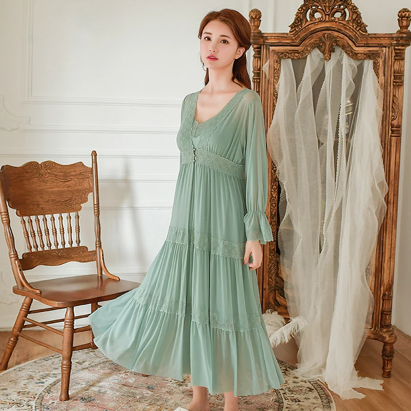 Женская ночная рубашка, халат, Vestido, ночное белье, платье для сна, белье с длинным рукавом, кружевное Ночное платье, пижама, халат для подружки невесты - Цвет: Бирюзовый