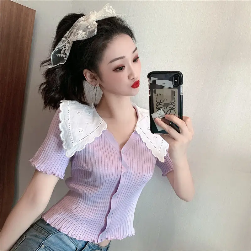 

Woman TShirts Lapel Knitwear Short Sleeve Top Female 2021 Crop Top Mujer Camisetas