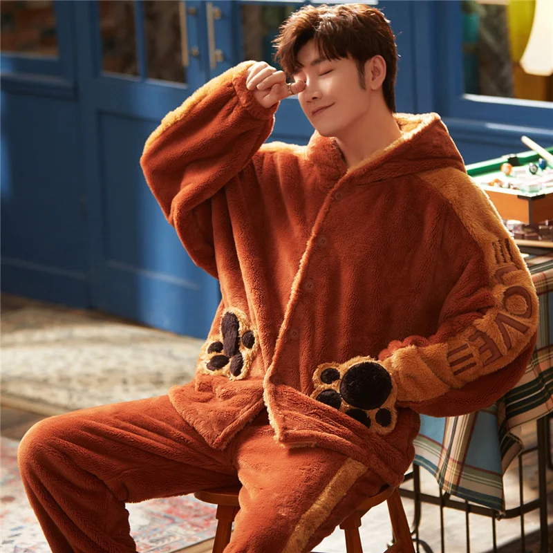 Мужские пижамы фланелевые для отдыха зимний Пижамный костюм мужские теплые