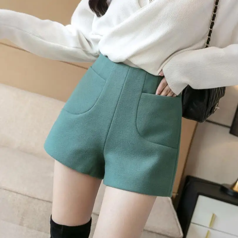 Осенне-зимние шерстяные шорты с высокой талией женские новые зеленые широкими